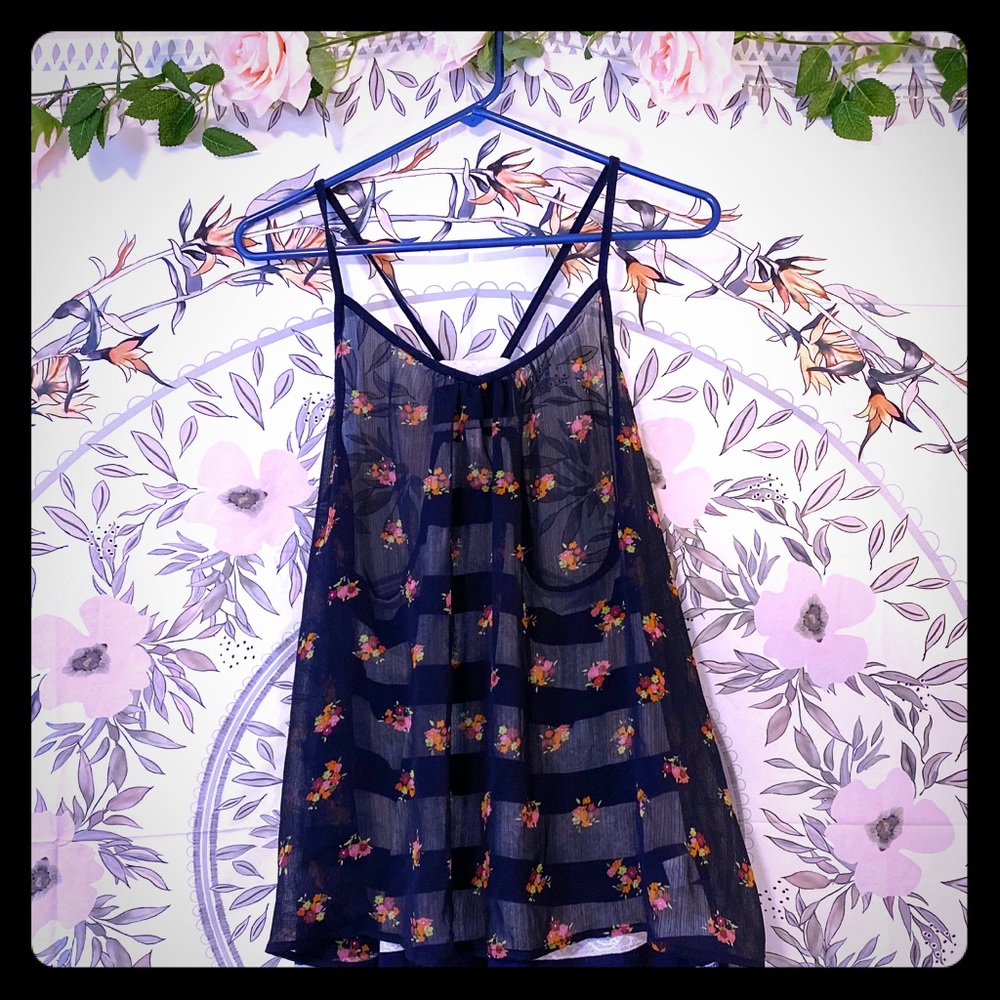 Blue Chiffon Floral Navy Blue&White Lace Racerback